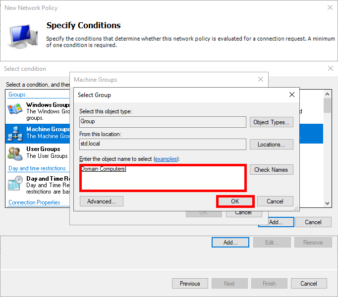 Capture d'écran de la fenêtre 'Sélectionner un groupe' dans Windows Network Policy Server (NPS). Le groupe 'Domain Computers' est saisi comme groupe de machines sélectionné pour la stratégie, avec le bouton 'OK' mis en évidence pour confirmer la sélection.