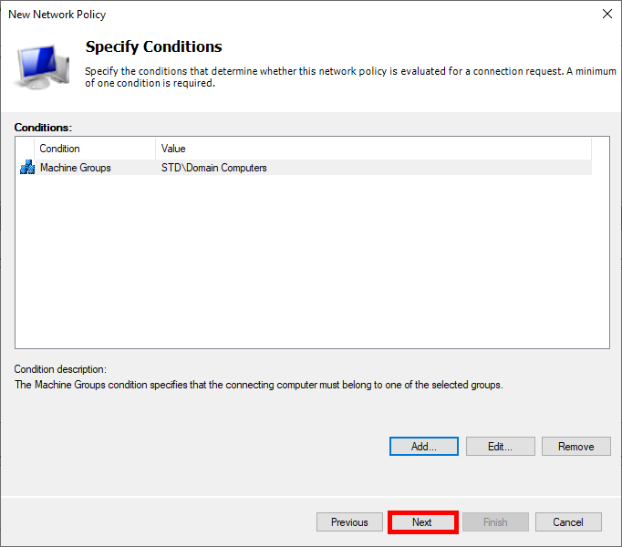 Capture d'écran de la fenêtre 'Spécifier les conditions' dans Windows Network Policy Server (NPS). La condition 'Groupes de machines' est définie sur 'STD\Domain Computers', et le bouton 'Suivant' est mis en évidence pour poursuivre la configuration de la stratégie.