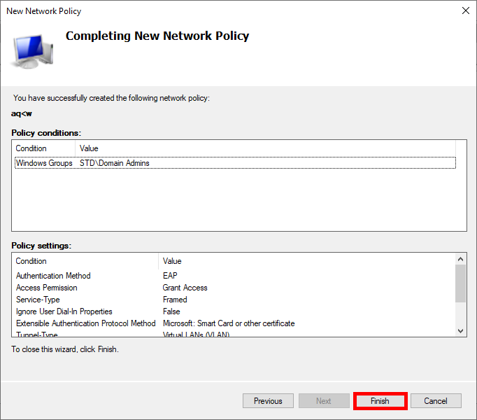 Capture d'écran du clic sur Terminer pour créer la Stratégie dans la configuration Ubiquiti Wi-Fi EAP-TLS