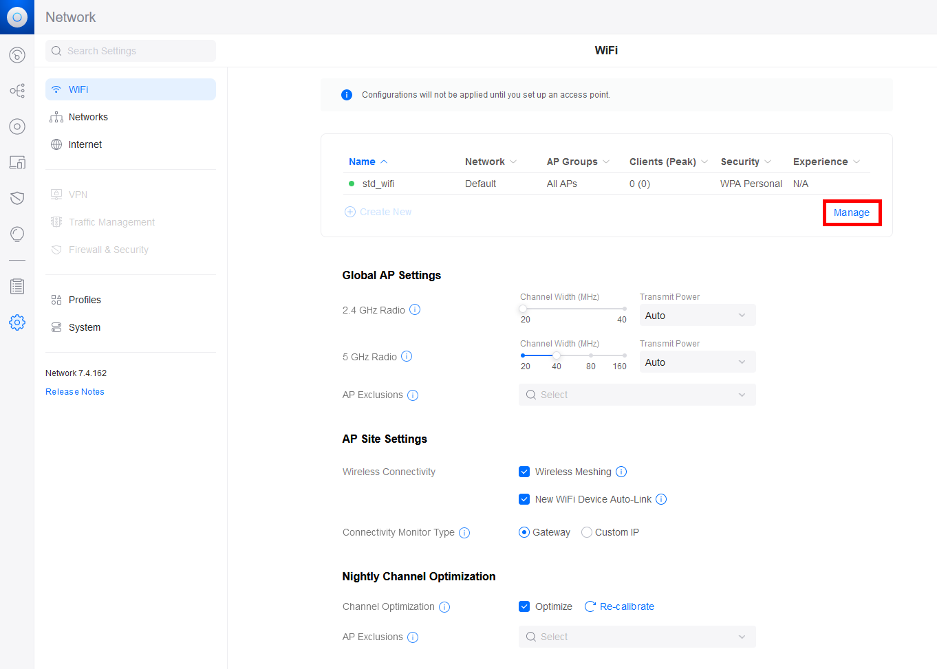 Capture d'écran du menu WiFi dans UniFi Network