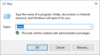 Fenêtre Exécuter de Windows avec 'mmc' dans le champ Ouvrir