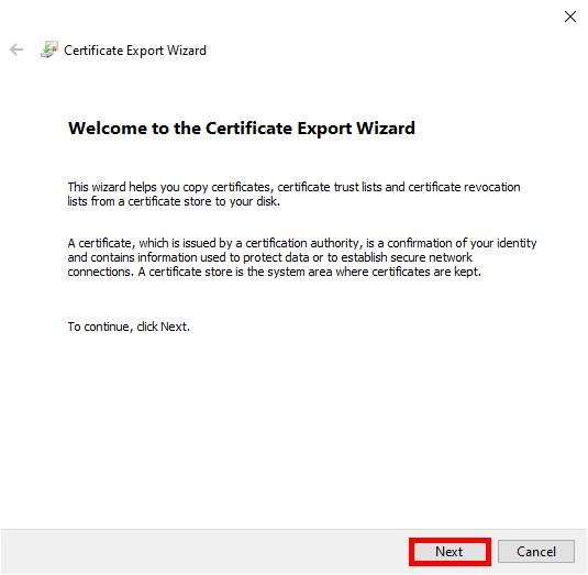 Écran d'accueil de l'Assistant d'exportation de certificat dans Windows.