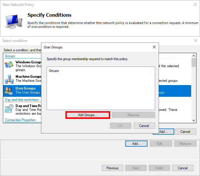 Capture d'écran de la sélection des Groupes d'utilisateurs et de l'ajout de groupes à la Stratégie réseau dans la configuration Ubiquiti Wi-Fi RADIUS