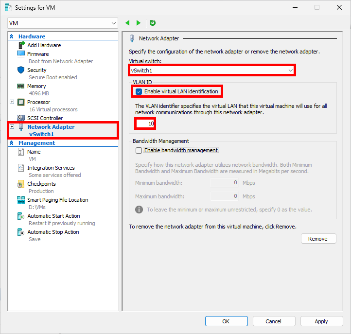 Paramètres de carte réseau d’une VM Hyper-V avec vSwitch1 sélectionné et l’ID VLAN 10 activé