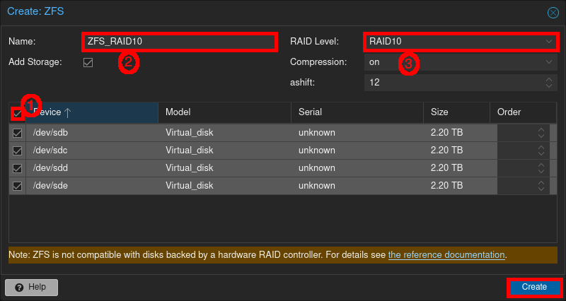 Capture d'écran de l'interface de Proxmox VE 8.3 montrant la configuration d'un pool de stockage ZFS en RAID10 avec sélection des disques, niveau RAID et paramètres de compression.