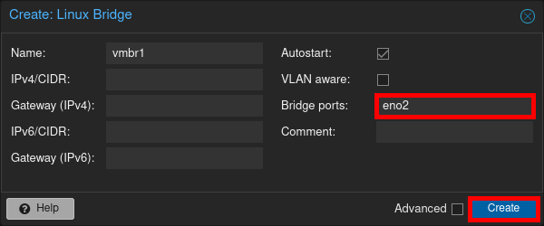 Capture d'écran de l'interface de Proxmox VE 8.3 montrant la configuration d'un pont réseau Linux avec le port eno1 avant sa création.