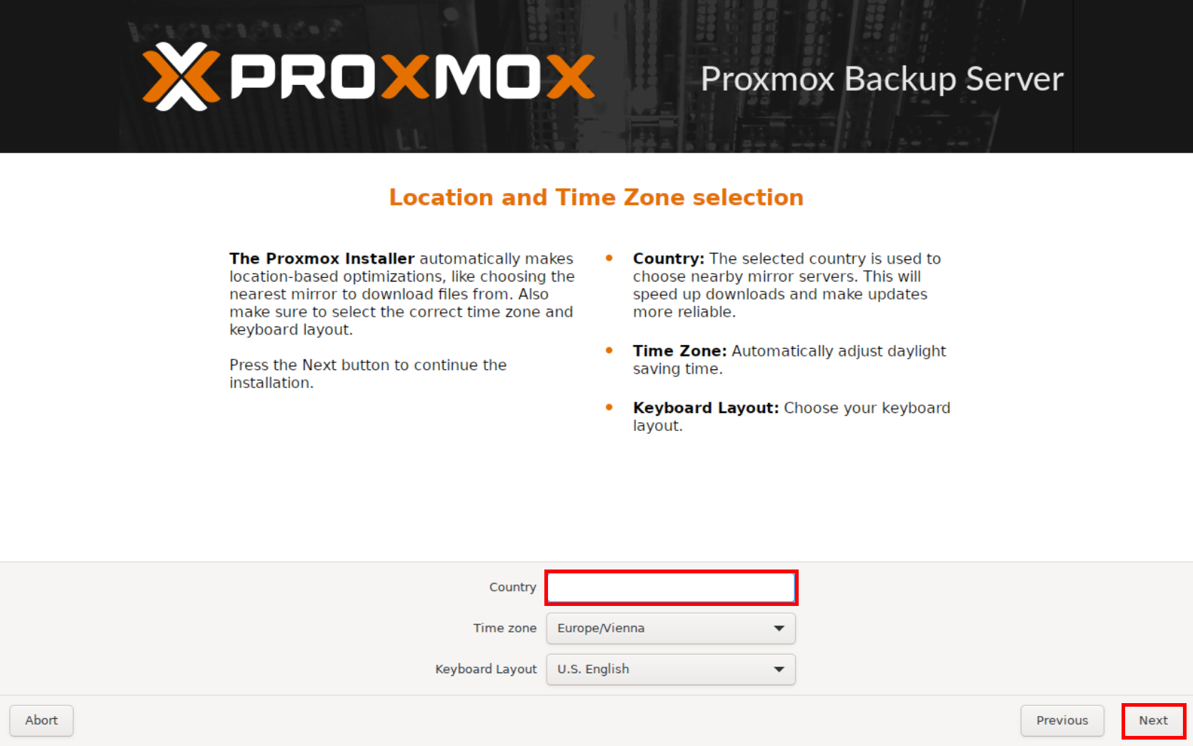 Définition du pays, du fuseau horaire et de la disposition du clavier pendant l'installation de Proxmox Backup Server