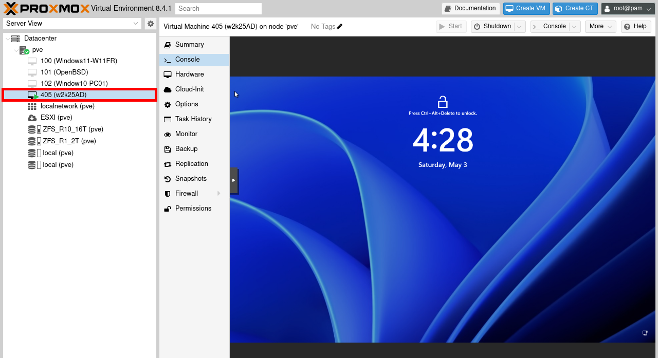 Console Proxmox VE affichant une machine virtuelle Windows 11 importée avec succès et en cours d’exécution après migration depuis ESXi.