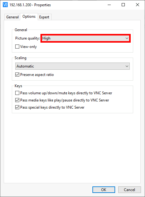 VNC Viewer Properties picture quality high