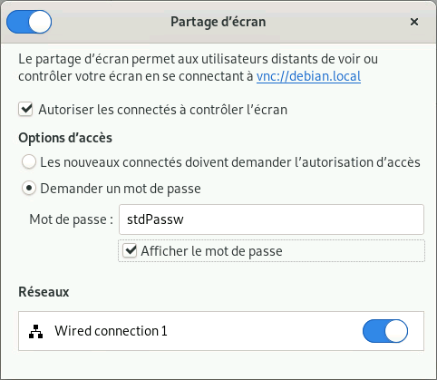 Gnome Shell paramètres du partage d'écran