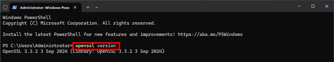 Fenêtre PowerShell affichant la commande openssl version et la version d’OpenSSL installée