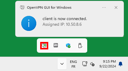 Notification d’OpenVPN GUI confirmant que le client est connecté et que l’adresse VPN 10.50.8.6 lui a été attribuée
