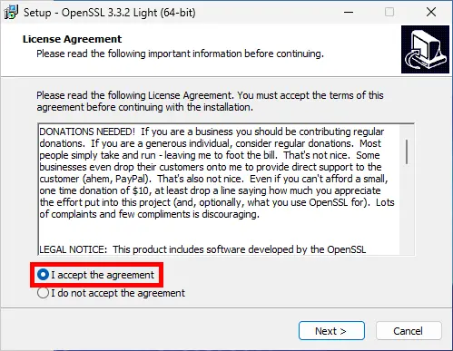 Fenêtre de l'installateur OpenSSL 64 bits affichant l'accord de licence avec l'option 'J'accepte le contrat' sélectionnée pendant l'installation.