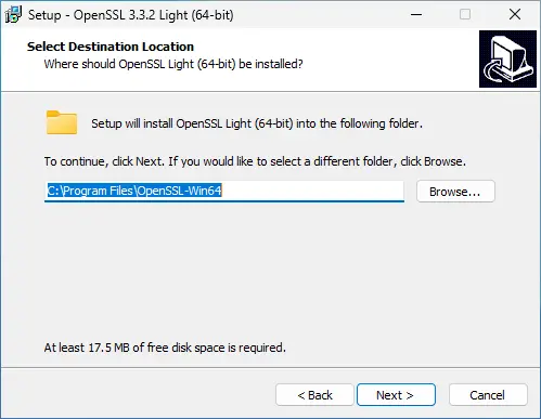 Fenêtre de l'installateur OpenSSL 64 bits affichant la sélection du dossier de destination avec le chemin par défaut défini sur Program Files.