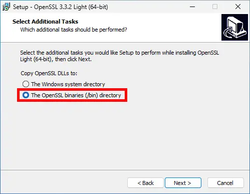 Fenêtre de l'installateur OpenSSL 64 bits affichant les tâches supplémentaires avec l'option 'Le répertoire des binaires (bin) OpenSSL' sélectionnée.