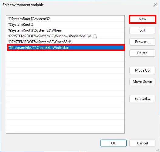 Fenêtre de modification de la variable d'environnement avec un nouveau chemin pour OpenSSL ajouté sous Program Files, et le bouton Nouveau mis en évidence.