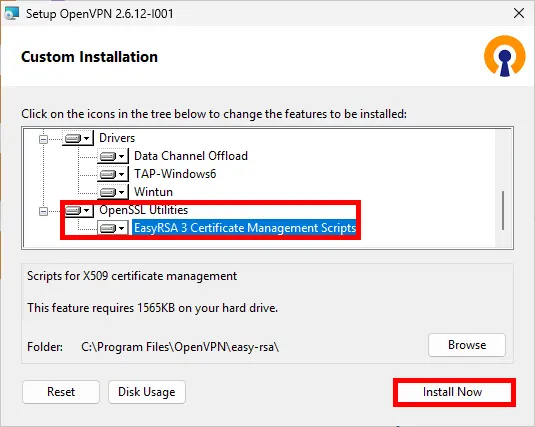 Fenêtre d'installation personnalisée d'OpenVPN avec 'Scripts de gestion des certificats EasyRSA 3' sélectionné sous Utilitaires OpenSSL et le bouton 'Installer maintenant' mis en évidence.