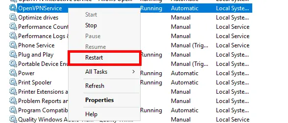 Console de gestion des services Windows montrant OpenVPNService avec l'option Redémarrer sélectionnée.