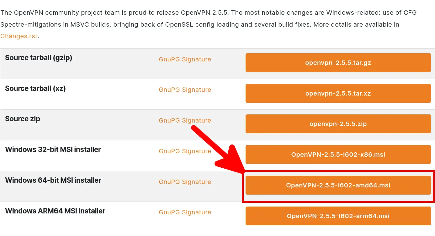 Page de téléchargement OpenVPN