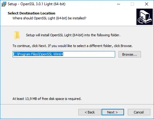 OpenSSL installation | Destination location