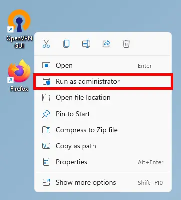 fenêtre windows 11 pour ouvrir OpenVPN avec les droits administrateur.