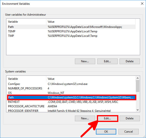 Fenêtre des variables d'environnement de Windows montrant la variable Path du système avec l'option Edit en surbrillance