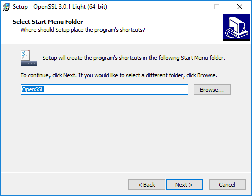 Fenêtre d'installation d'OpenSSL demandant de sélectionner le dossier du menu Démarrer pour les raccourcis du programme sous Windows