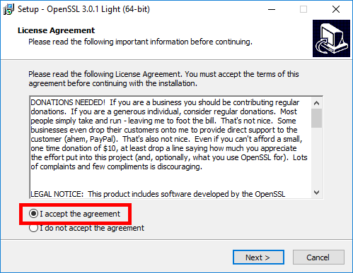 Fenêtre d'installation d'OpenSSL affichant l'accord de licence avec l'option d'acceptation de l'accord sélectionnée