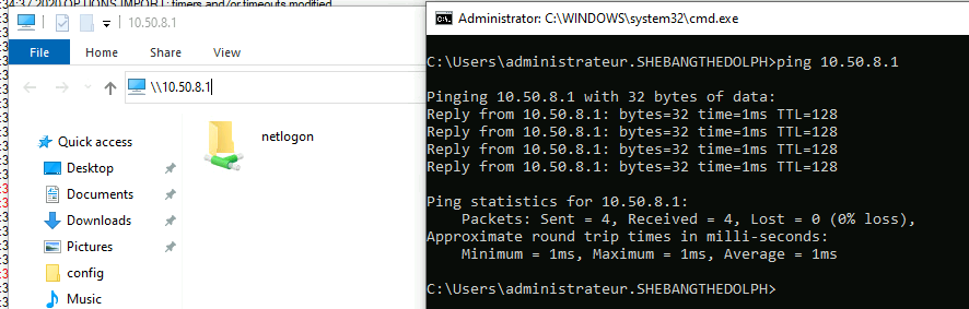 L'Explorateur de fichiers et l'Invite de commandes montrent une connexion réseau réussie et une réponse ping à l'adresse IP 10.50.8.1 via OpenVPN.