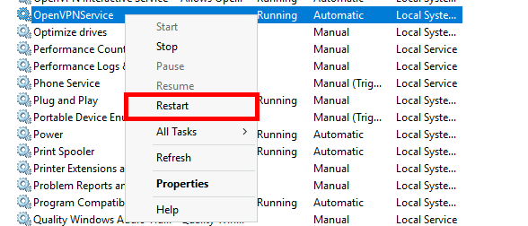 console de gestion des services sous Windows montrant le service OpenVPNService avec l'option Redémarrer en surbrillance