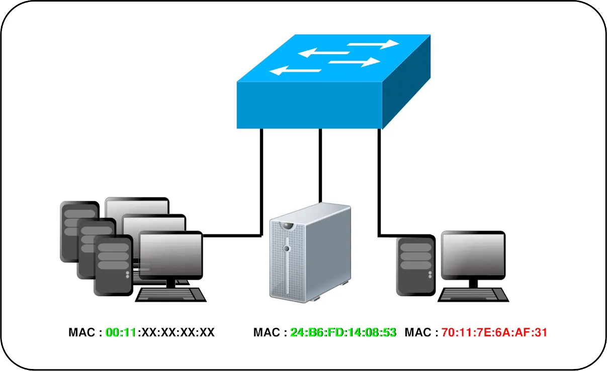 computers connected to a switch which filter MAC