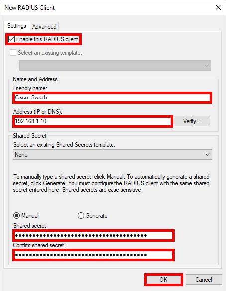 New RADIUS Client configuration window in Windows Network Policy Server (NPS), showing fields for Friendly Name, IP Address, and Shared Secret settings