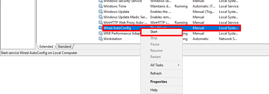 Windows Services Manager showing Wired AutoConfig service with the Start option selected