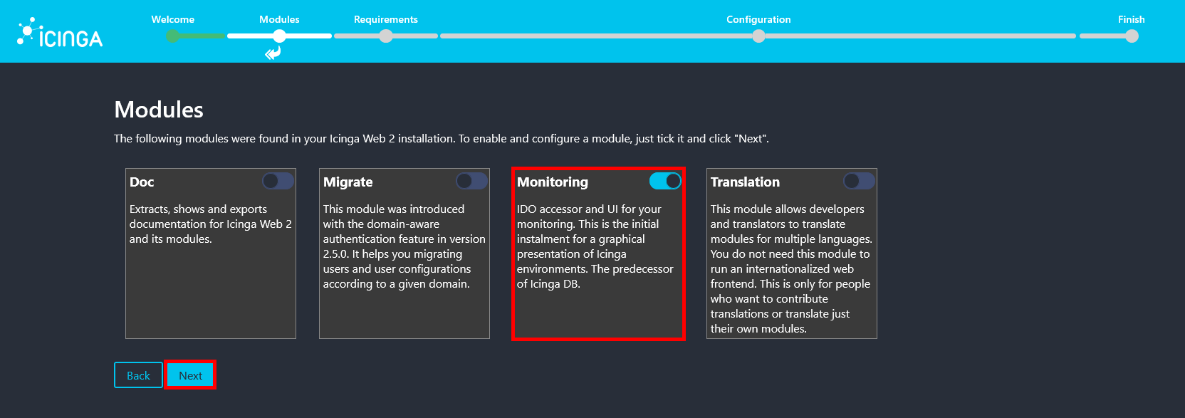 Icinga Web 2 setup modules screen with the Monitoring module enabled before continuing the configuration.