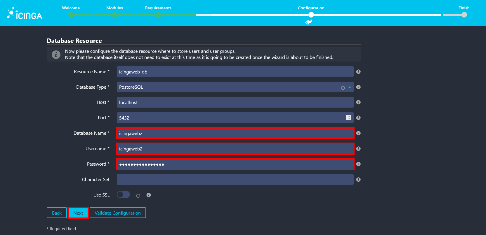 Icinga Web 2 database resource configuration screen showing PostgreSQL settings for the icingaweb2 database.