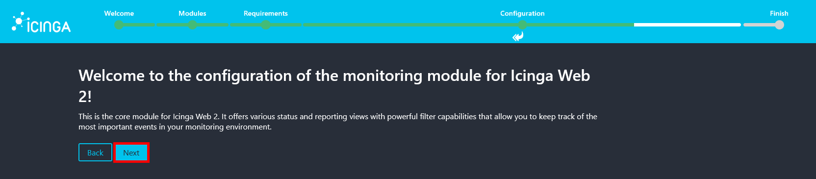 Icinga Web 2 screen indicating the start of the monitoring module configuration process.