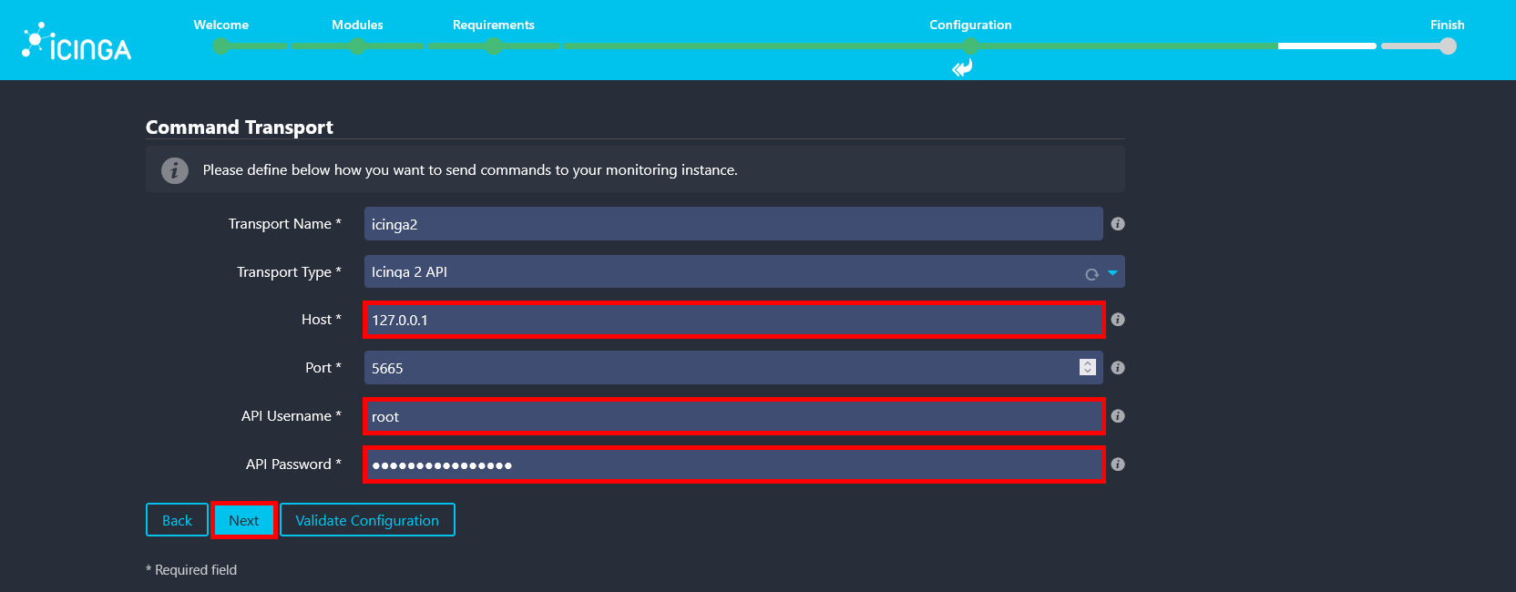 Icinga Web 2 command transport configuration screen using the Icinga2 API on localhost with API credentials.