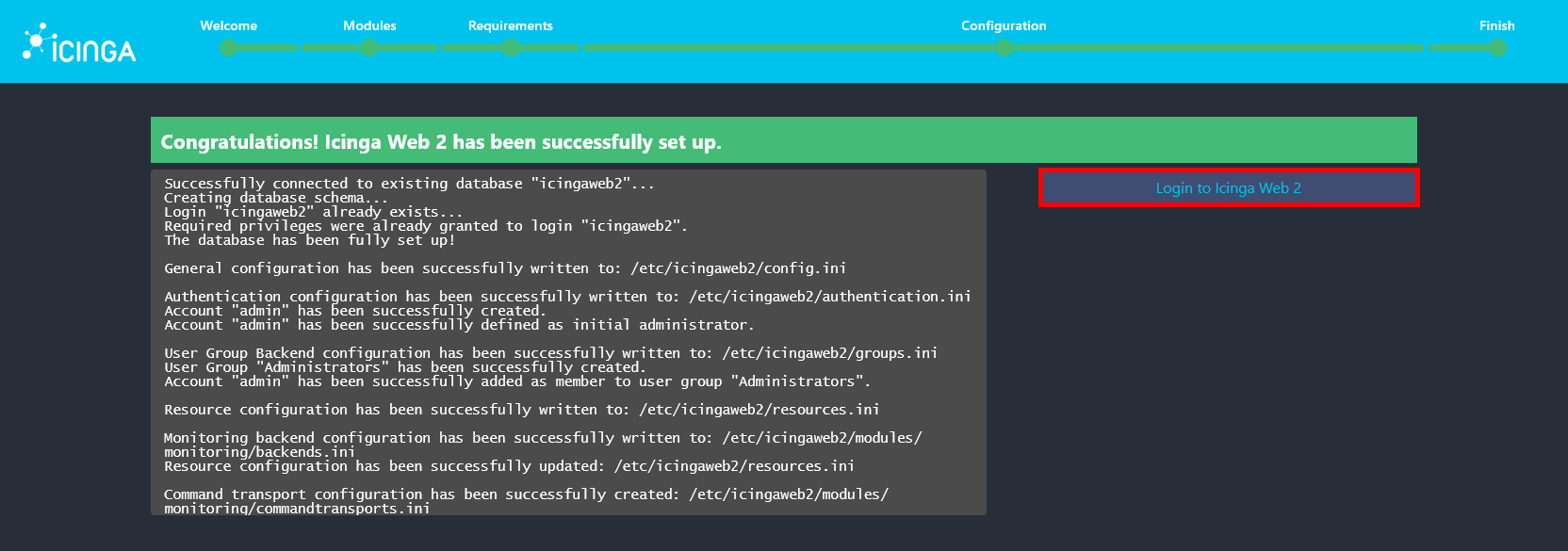 Icinga Web 2 installation completed screen showing a success message and a Login button.