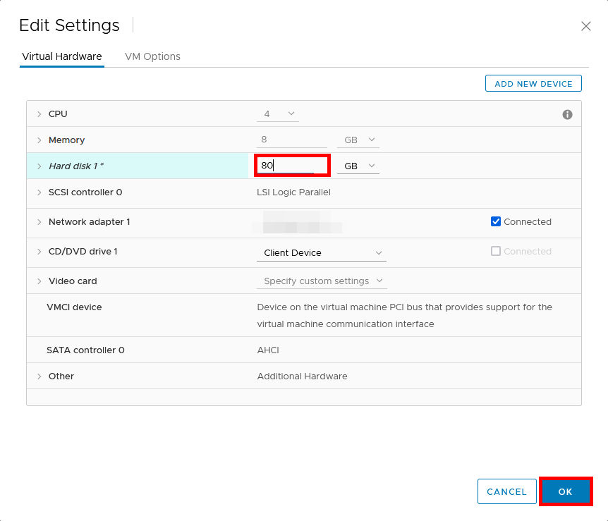 VMware interface showing the virtual disk size being increased to 80 GB in the Edit Settings menu.