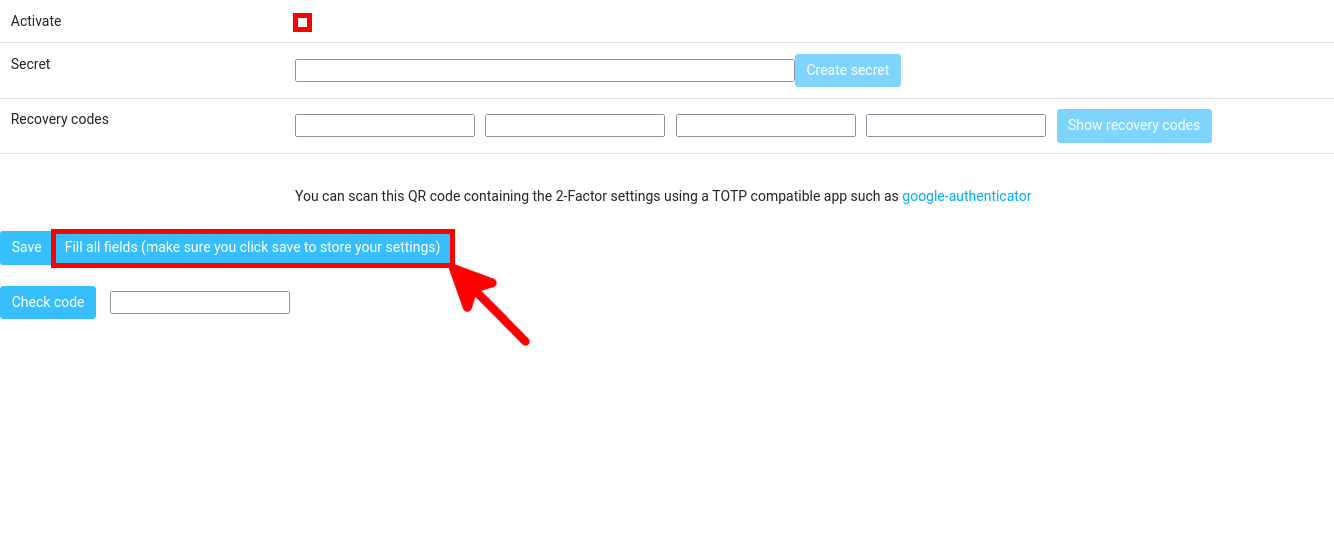 Rouncube web interface settings for the 2-factor authentication plugin