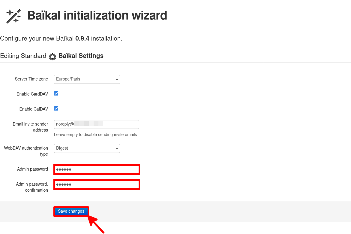 The Baïkal initialization wizard page.