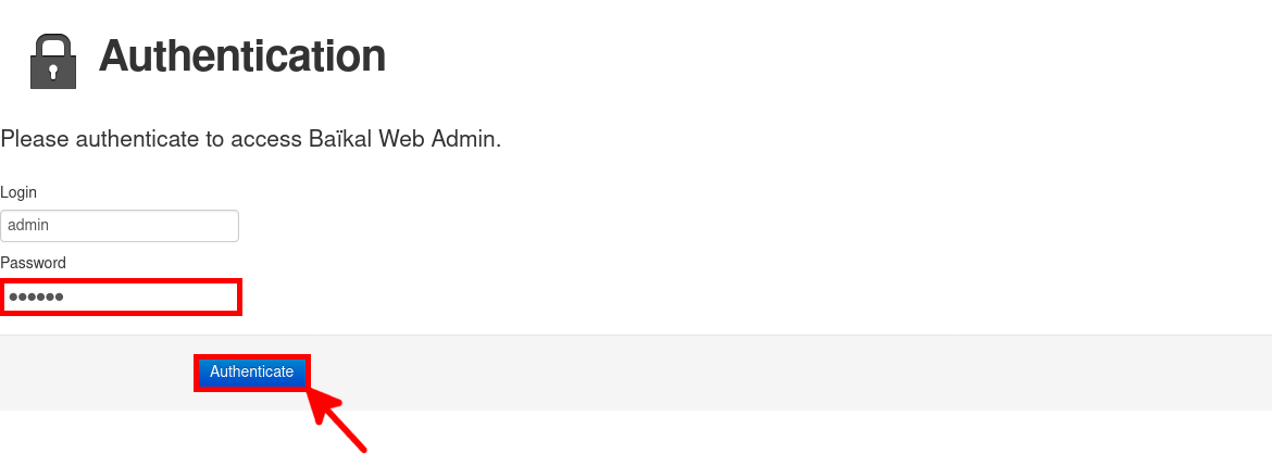 Baïkal web interface authentication access