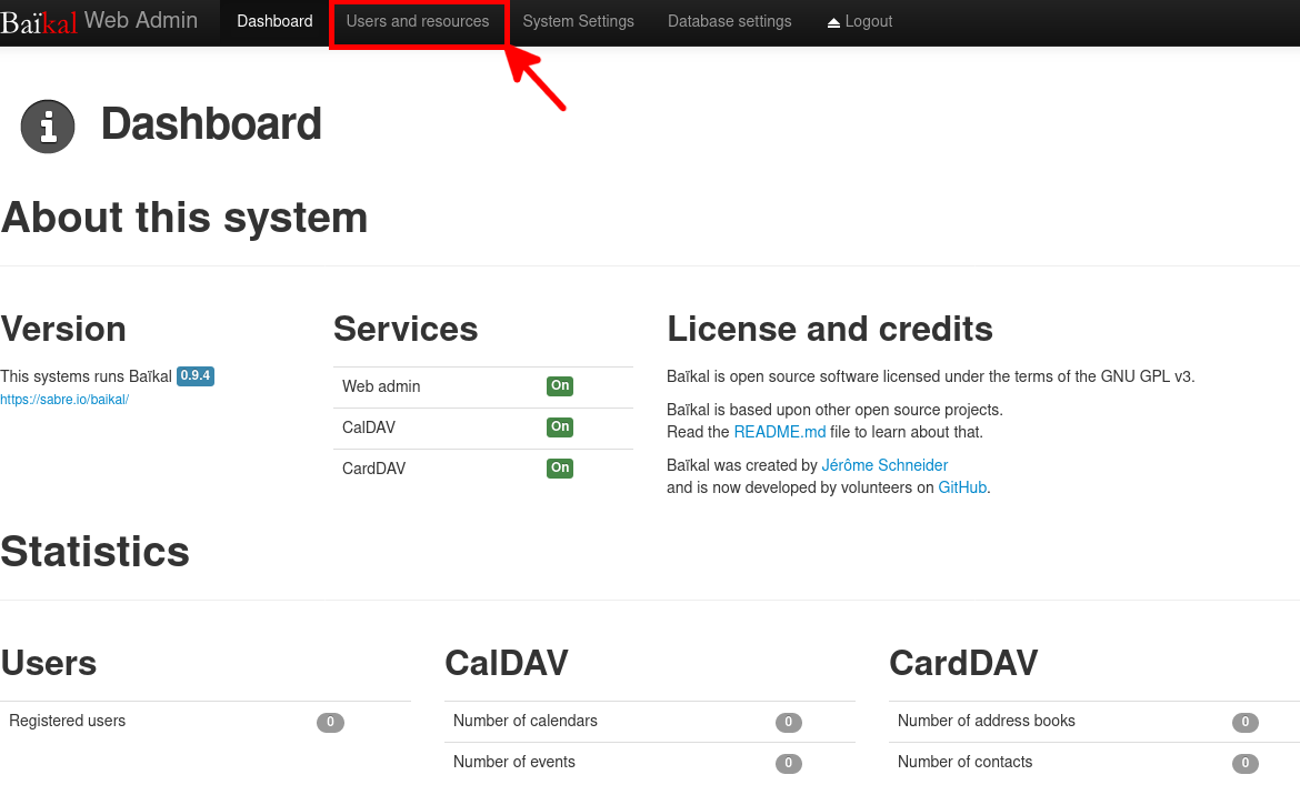 Baïkal web interface dashboard page