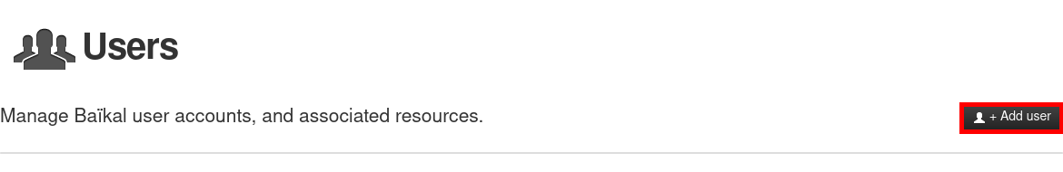 Baïkal user management page showing the Users section with access to add new user accounts