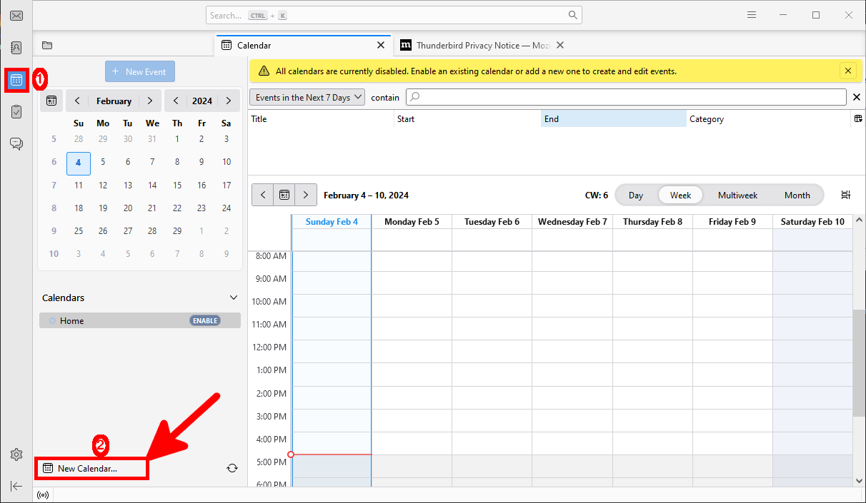 Thunderbird calendar main interface