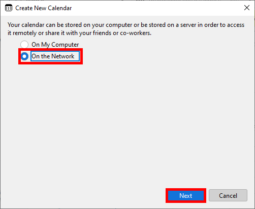 Thunderbird create new calendar dialog showing the option to add a calendar on the network