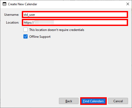 Thunderbird create new calendar window with username and location text box