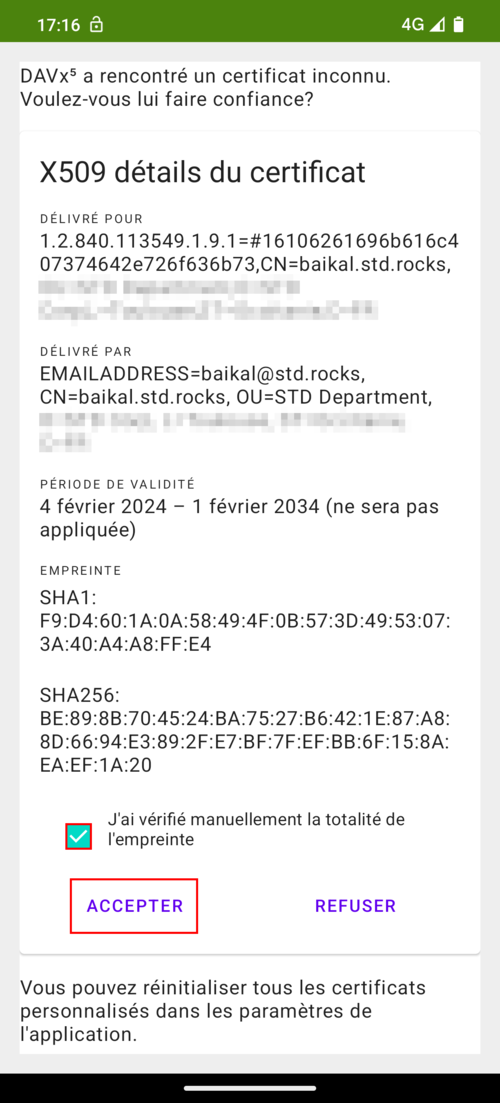 DAVx5 certificate warning