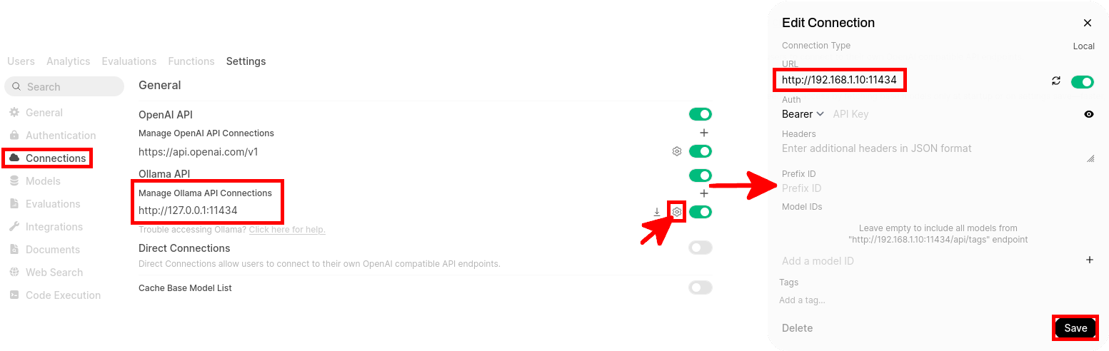 Editing the Ollama API connection in Open WebUI to use a remote Ollama server
