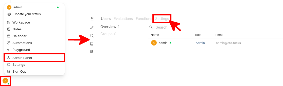 Open WebUI interface showing the Admin Panel option in the user menu and the Settings tab in the administration panel